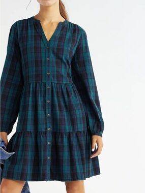 100% Cotton Time and Tru Women's Tiered Plaid Shirtdress with Puff Sleeves.M